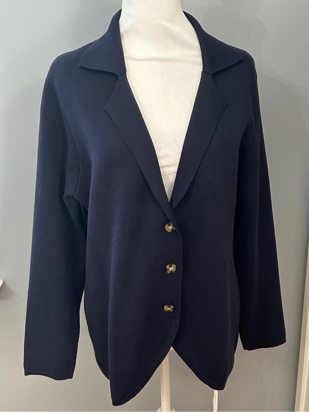 Theo & Spence Navy Blue Knit Blazer Cardigan Size Large Button Front Jacket